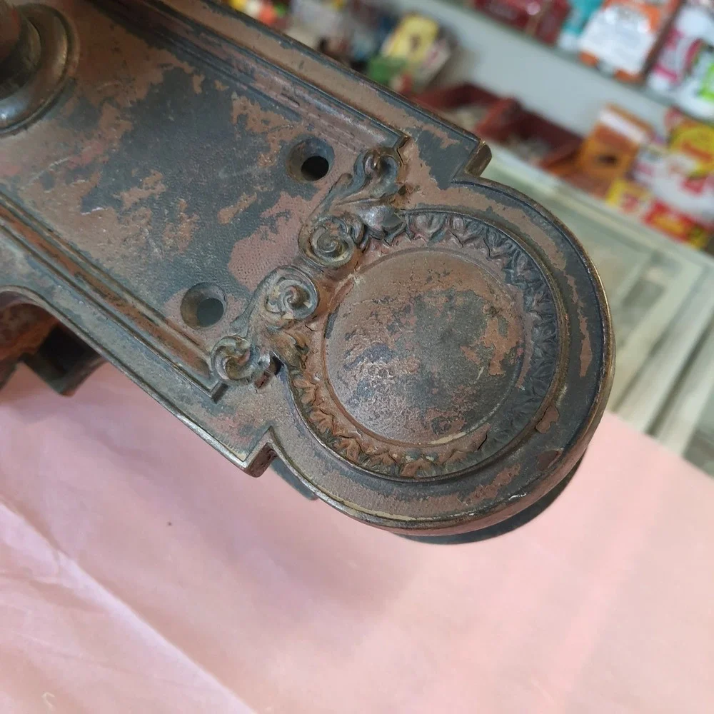 Antique 1899 Victorian Heavy Metal Ornate Door Handle Knob Hardware Set Salvage